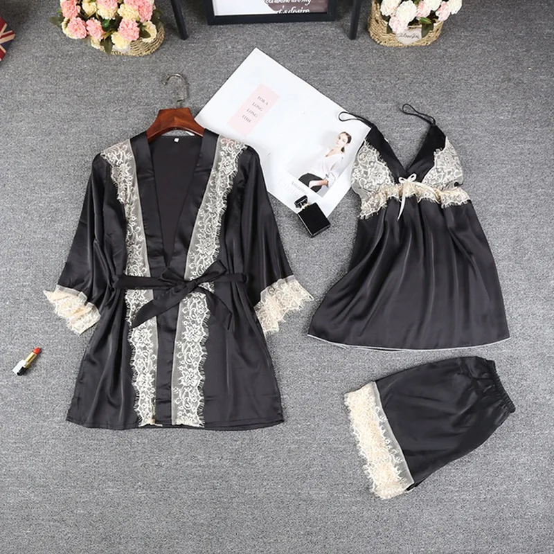 sleepwear women lingerie Women Sexy Lace Trim Satin Patchwork Cami and Shorts and Robe Pajama Set
sleepwear women lingerie Women Sexy Lace Trim Satin Patchwork Cami and Shorts and Robe Pajama Set