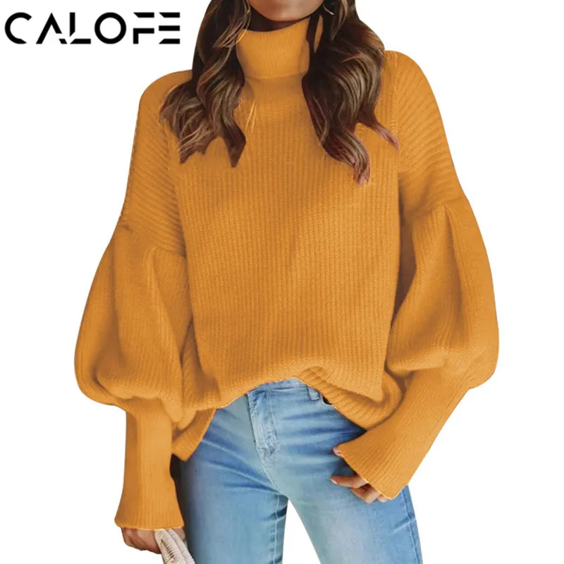 CALOFE Brand New Turtleneck Sweater Women Pullover Knitted Sweaters Female Autumn Fashion Design Lantern Sleeve Casual | Женская одежда