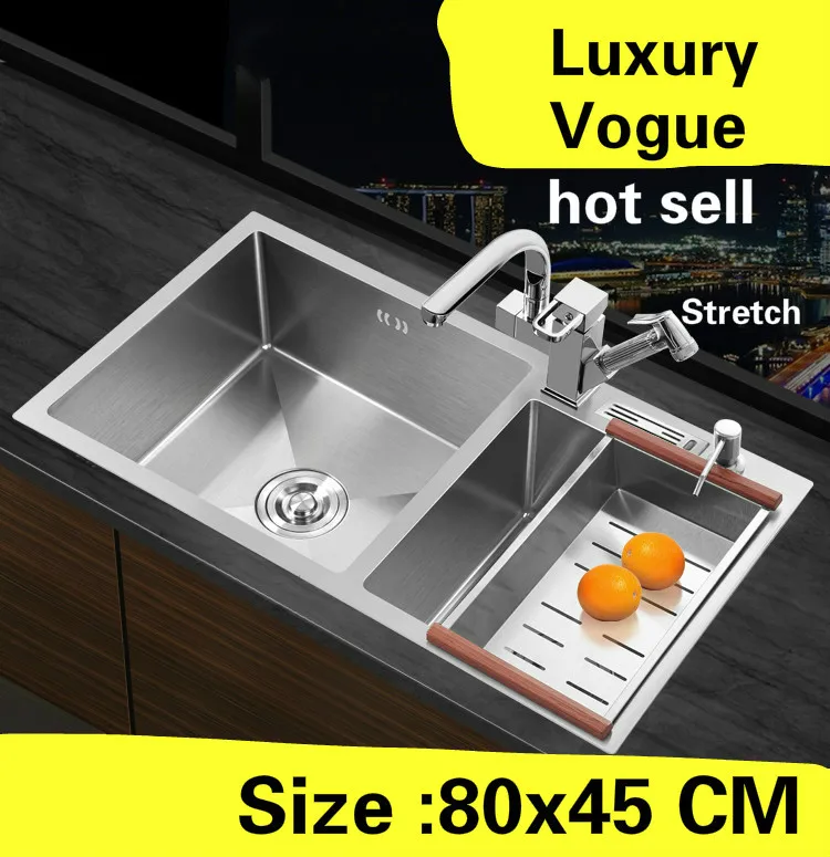 

Free shipping Apartment multifunction kitchen manual sink double groove wash vegetables 304 stainless steel hot sell 80x45 CM