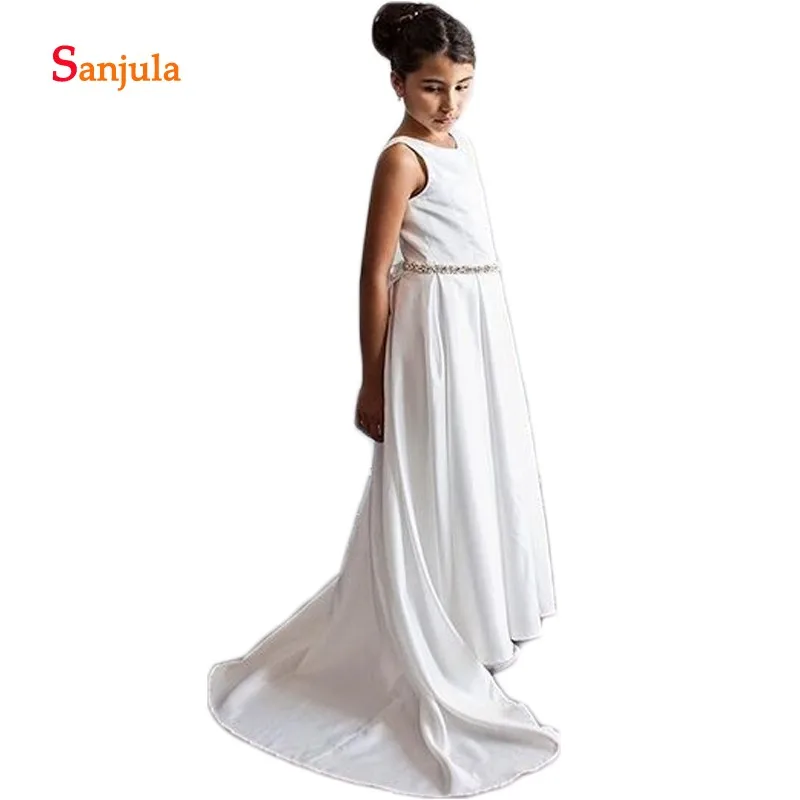 White Satin A-Line Flower Girls Dresses Scoop Tank Simple Child First Communion Beaded Waist vestidos de comunion D325 | Свадьбы и
