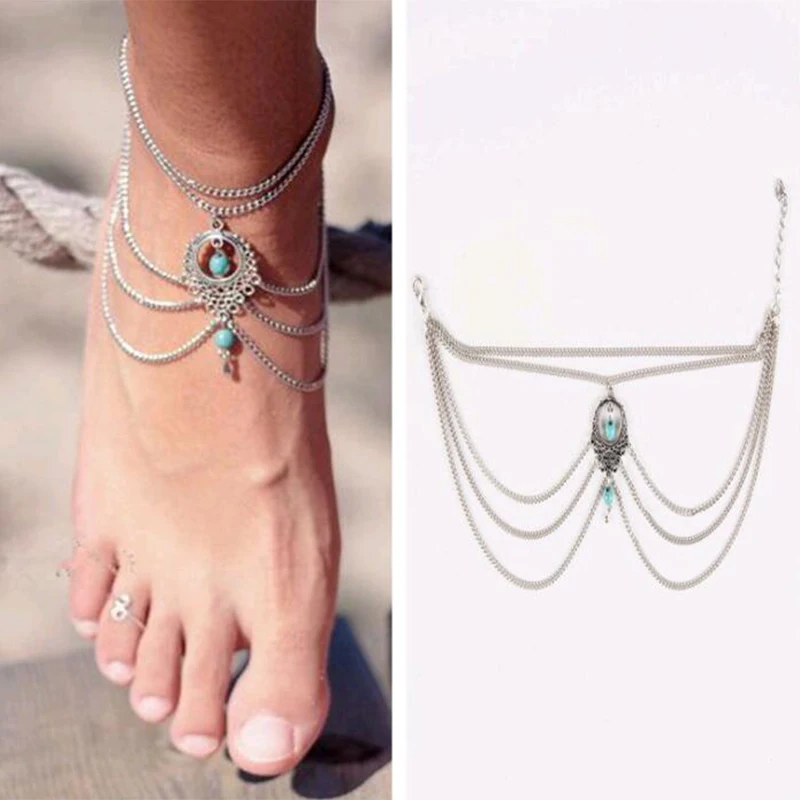 

ERLUER Fashion Bohemia Charms Multilayer Silver Chain Anklet Beads Beach Barefoot Sandals Foot Jewelry Boho Women's Anklets