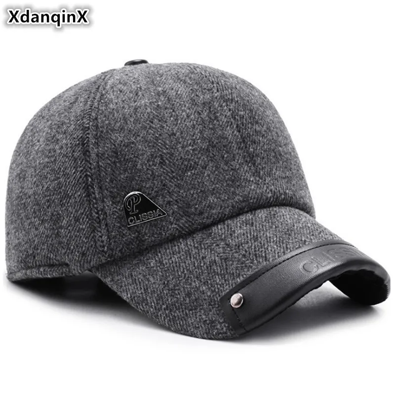 

XdanqinX Middle-aged Men's Hat New Winter Warm Baseball Caps With Ears Adjustable Size Woolen Fashion Dad's Hats Snapback Cap