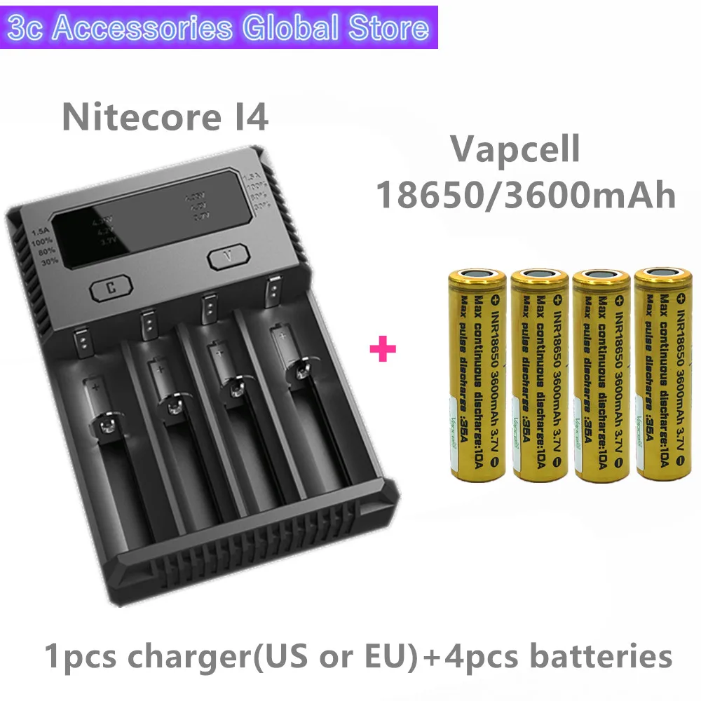 Vapcell 4pcs INR 18650 3600mAh 35A li-ion rechargeable battery with Nitecore new I4 Digi charger LCD Intelligent for smoke E-CIG |