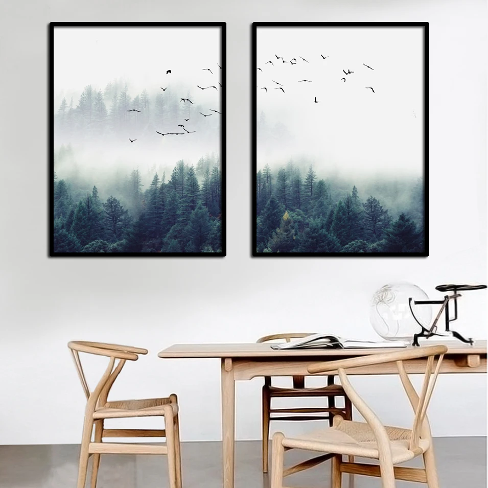 

Nordic Decor Foggy Forest Landscape Wall Art Poster Canvas Art Print Forest Painting Wall Picture for Living Room FA666