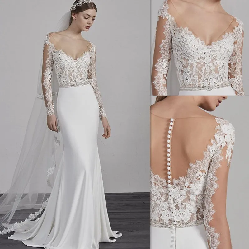 Tulle V-neck Long Sleeves Floor Length Mermaid Wedding Dress with Beading Belt Sweep Train Tulle Button Back Bridal Dress
Tulle V-neck Long Sleeves Floor Length Mermaid Wedding Dress with Beading Belt Sweep Train Tulle Button Back Bridal Dress