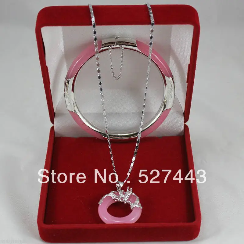 

Hot sell -@> Wholesale Wonderful pink Jade Circle Dragon Pendants Necklace Bracelet Set Natural jewelry -Top quality free shippi