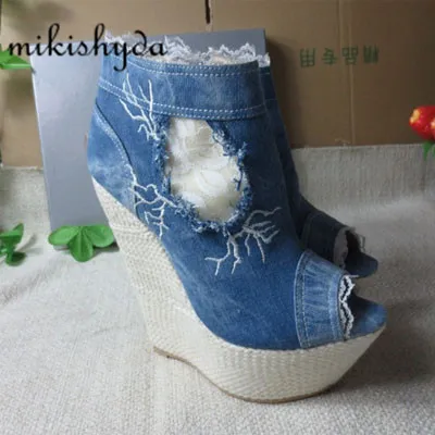 Discount Sexy High Heels Denim Peep-Toe Slop Heels Waterproof Ankle Boots Thick Sole Botines Plataforma Mujer Cowboy Wedges Blue
Discount Sexy High Heels Denim Peep-Toe Slop Heels Waterproof Ankle Boots Thick Sole Botines Plataforma Mujer Cowboy Wedges Blue