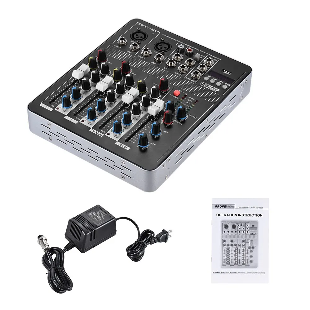 Professional 4-Channel Mic Line Audio Mixer Mixing Console with 3-band EQ 48V Phantom Power USB Interface
Professional 4-Channel Mic Line Audio Mixer Mixing Console with 3-band EQ 48V Phantom Power USB Interface
