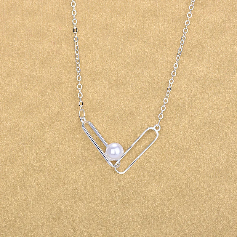 Geometric Silver Color Double Pin Pearl Pendant Necklaces Jewelry For Women Collar | Украшения и аксессуары