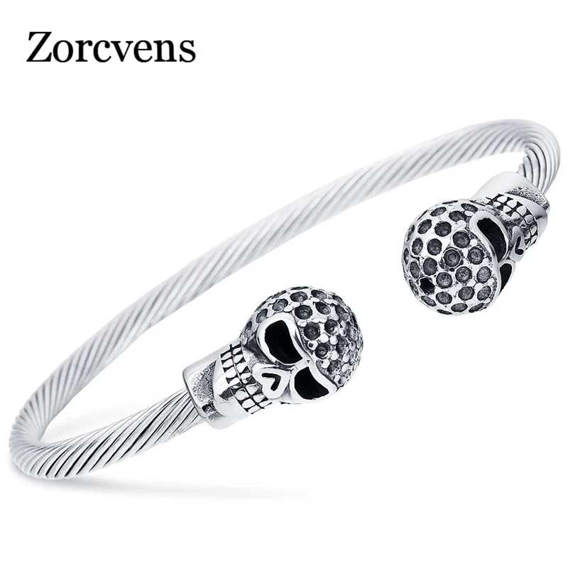 ZORCVENS Antique Silver Color Punk Skull Stainless Steel Bracelet Women Gothic Jewelry Open Bangle Fashion | Украшения и