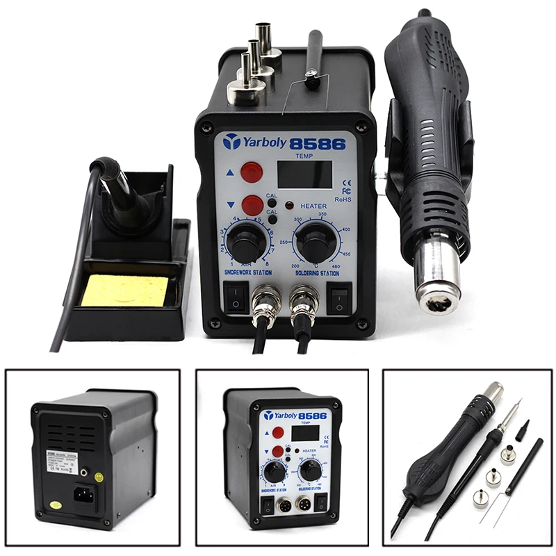 Yarboly 8586 Soldering Station 2 in 1 BGA Rework SMD Hot Air Heat Gun Eletric Soldering Iron Kit 220V 700W
Yarboly 8586 Soldering Station 2 in 1 BGA Rework SMD Hot Air Heat Gun Eletric Soldering Iron Kit 220V 700W