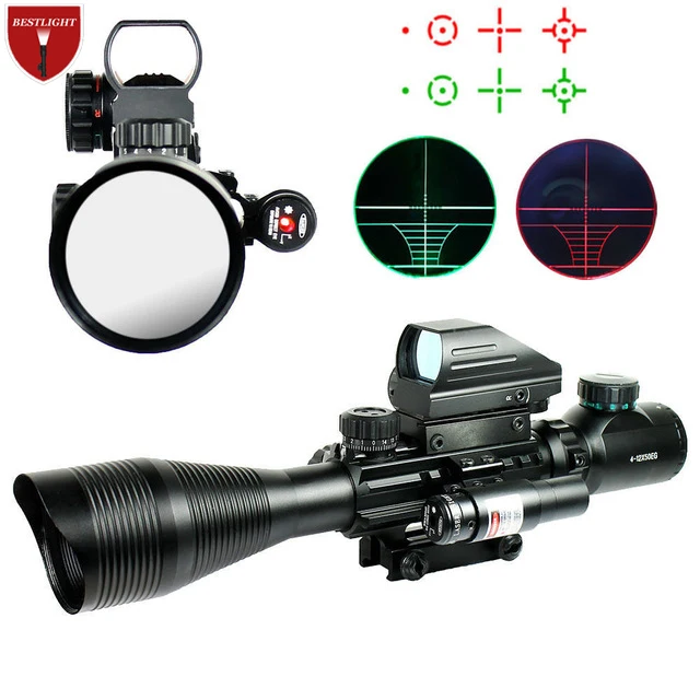 

4-12X50 Illuminated Rangefinder Reticle Rifle Scope Holographic 4 Reticle Sight 11mm and 20mm Red Laser Combo Riflescope