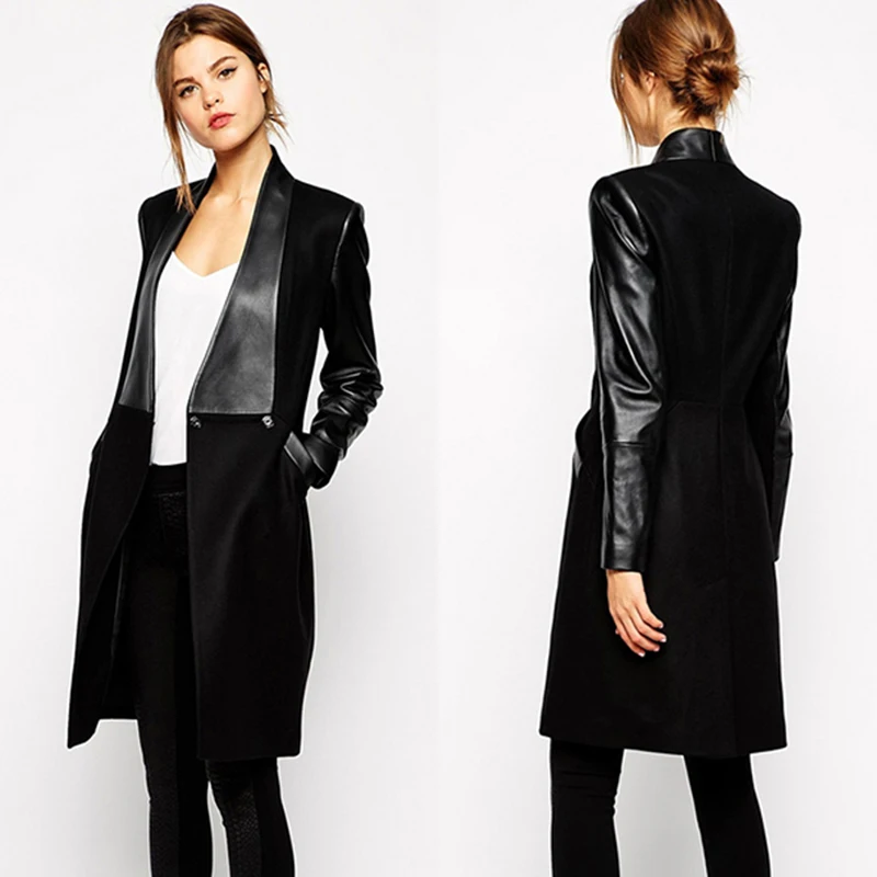 Office Lady Long-sleeved Woolen Coat PU Stitching Turn-down Collar Slim Black Coat Single Breasted Button Pocket Decor Coat
Office Lady Long-sleeved Woolen Coat PU Stitching Turn-down Collar Slim Black Coat Single Breasted Button Pocket Decor Coat