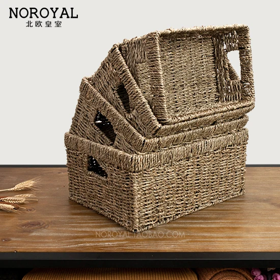Image Nordic handmade rattan straw storage box large rectangular table coffee table TV cabinet drawer storage baskets storage box