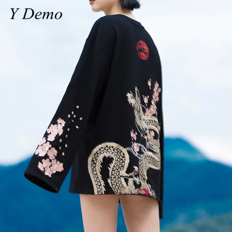 Фото Harajuku Винтаж Вышивка пуловер в цветочек Дракон Сакура вышивка - купить