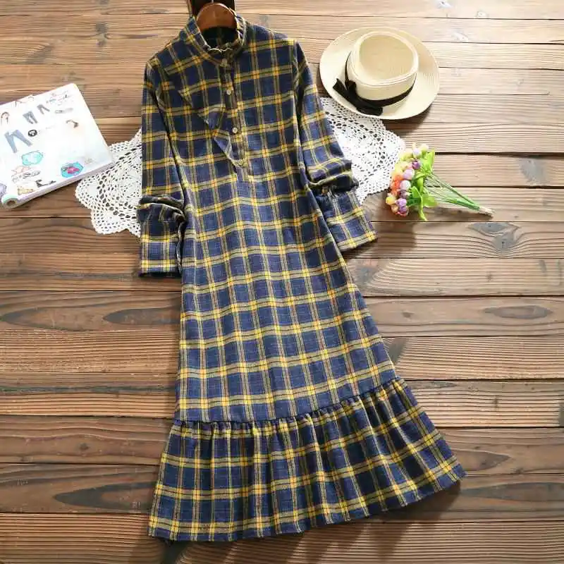Mferlier 2018 New Mori Girl Plaid Dress Stand Collar Long Sleeve Ruffles Hem Loose Casual Elegant Midi Women Dress
Mferlier 2018 New Mori Girl Plaid Dress Stand Collar Long Sleeve Ruffles Hem Loose Casual Elegant Midi Women Dress