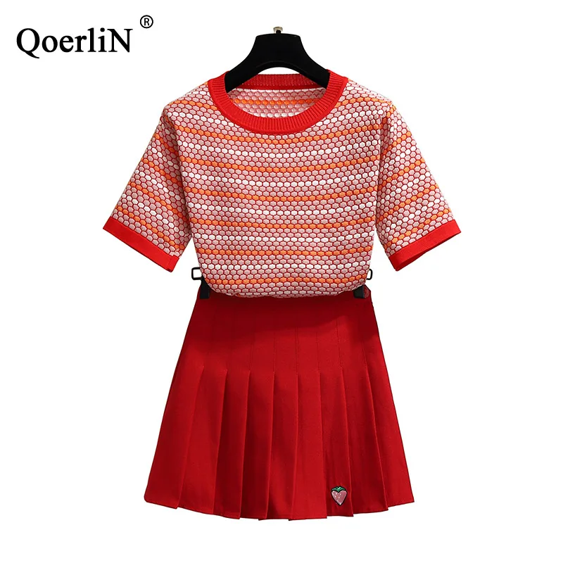 QoerliN Skirts Suits Women Pleated Skirts Knitted Tops T-Shirts Short Sleeve 2 Piece Female Sets Plus Size Girls Striped Shirts
QoerliN Skirts Suits Women Pleated Skirts Knitted Tops T-Shirts Short Sleeve 2 Piece Female Sets Plus Size Girls Striped Shirts