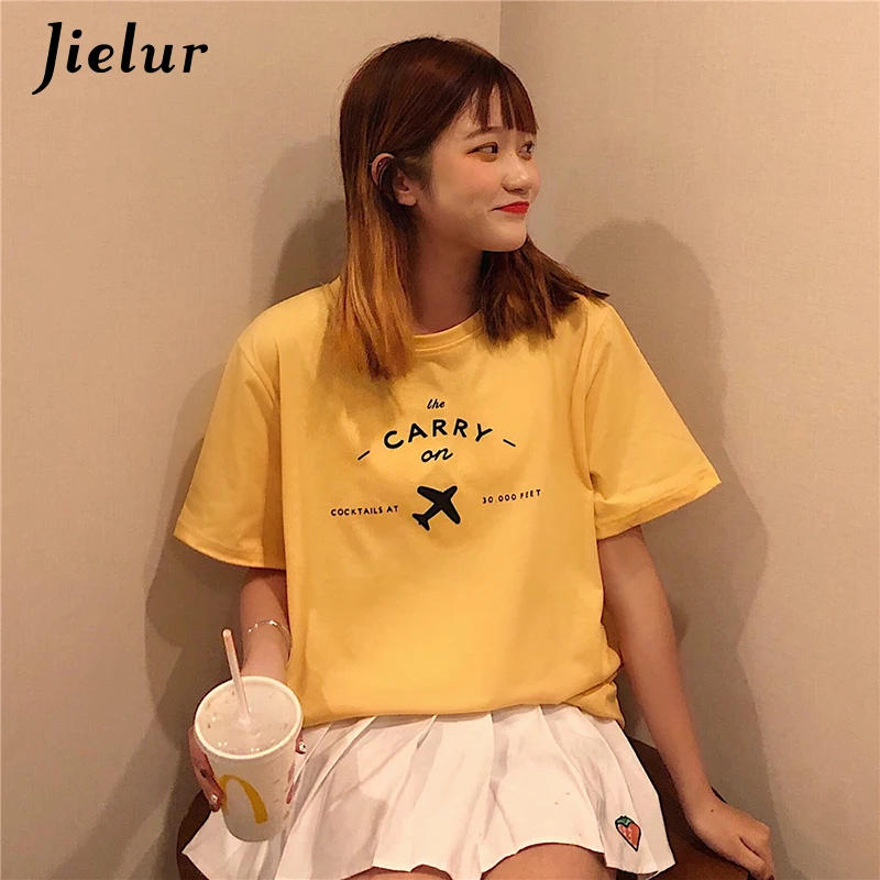 Jielur футболка женская с буквенным принтом и самолетом забавная Harajuku коротким