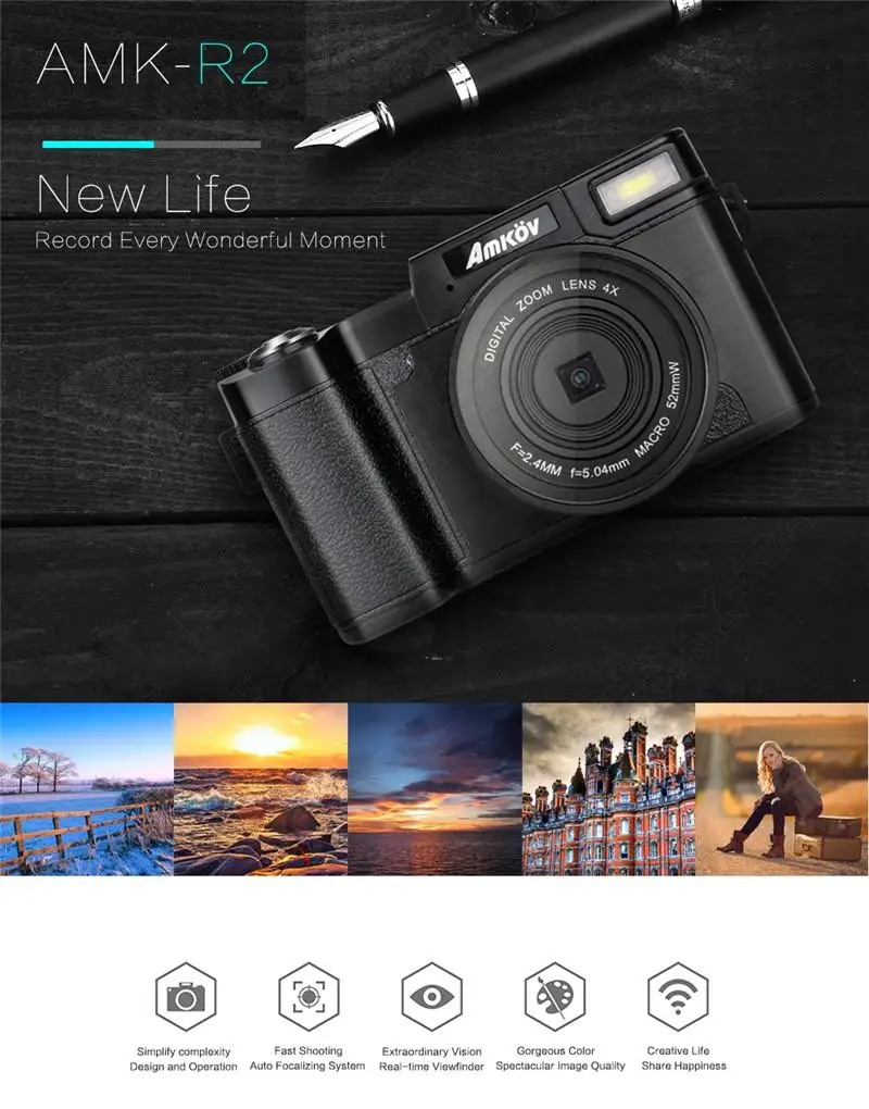 AMKOV 1080P AMK-R2 24MP HD Digital SLR Camera Camcorder+Macro Lens Recording 4x Zoom 3.0" TFT