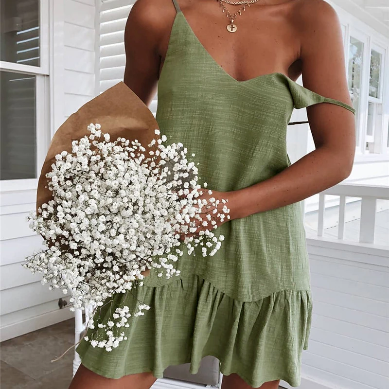 Summer Dress 2019 Mini Spaghetti Strap Yellow White Ruffle Loose Casual Linen Dress Sundress Tunic Beach Dress Woman robe femme 
Summer Dress 2019 Mini Spaghetti Strap Yellow White Ruffle Loose Casual Linen Dress Sundress Tunic Beach Dress Woman robe femme
