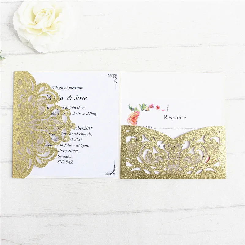 Gold glitter wedding invitation with RSVP envelop belly band pocket fold invitations wedding decoration supply offer printing
Gold glitter wedding invitation with RSVP envelop belly band pocket fold invitations wedding decoration supply offer printing