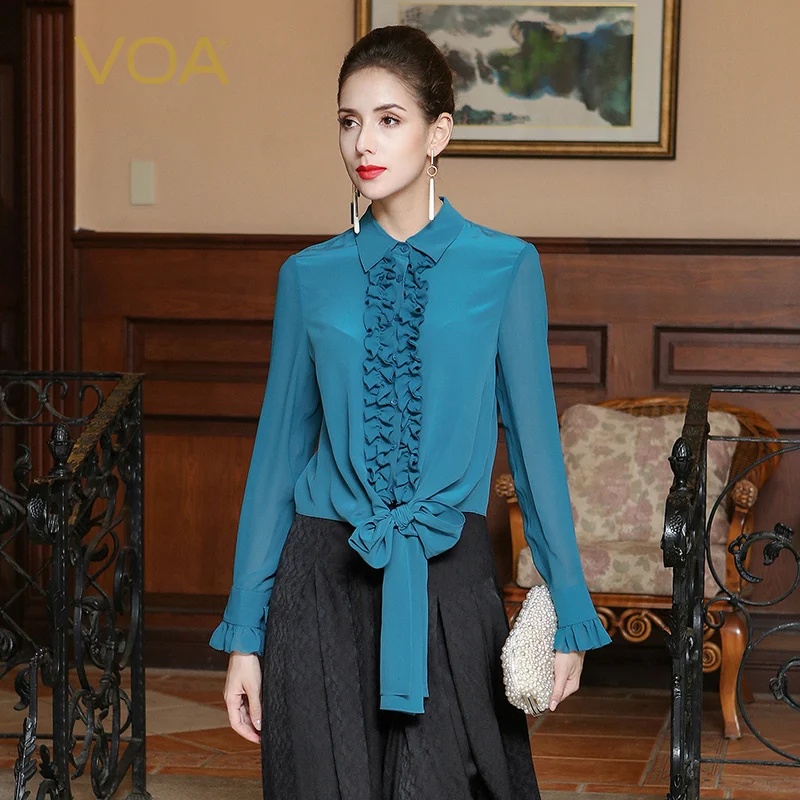 VOA Heavy Silk Blouse Plus Size Women Tops Cyan Blue Long Sleeve Belt Ruffle Casual Solid Slim Business Shirt Spring BSH01201
VOA Heavy Silk Blouse Plus Size Women Tops Cyan Blue Long Sleeve Belt Ruffle Casual Solid Slim Business Shirt Spring BSH01201