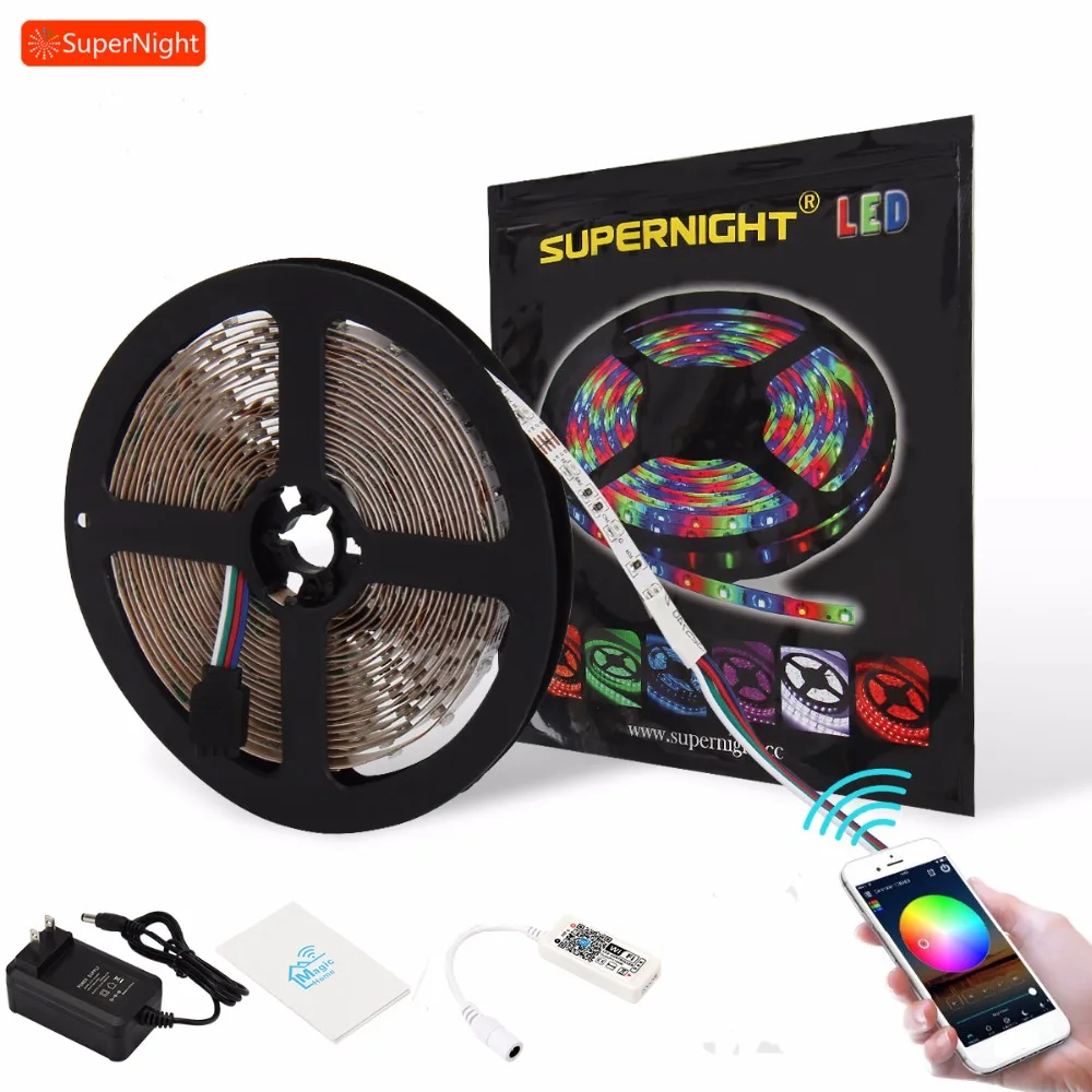 

16 Million Colors LED Strips Kit DC 12V 5M 3528 300LEDs RGB LED Light Strip Music Timer APP Wifi Controller 24W Power Adapter