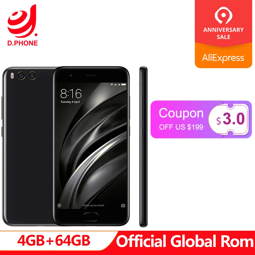 

Global Rom 5.15" Xiaomi Mi 6 Mi6 4GB RAM 64GB ROM 1080p Snapdragon 835 4G TD LTE smartphone dual camera 12.0MP OTA 3350mAh