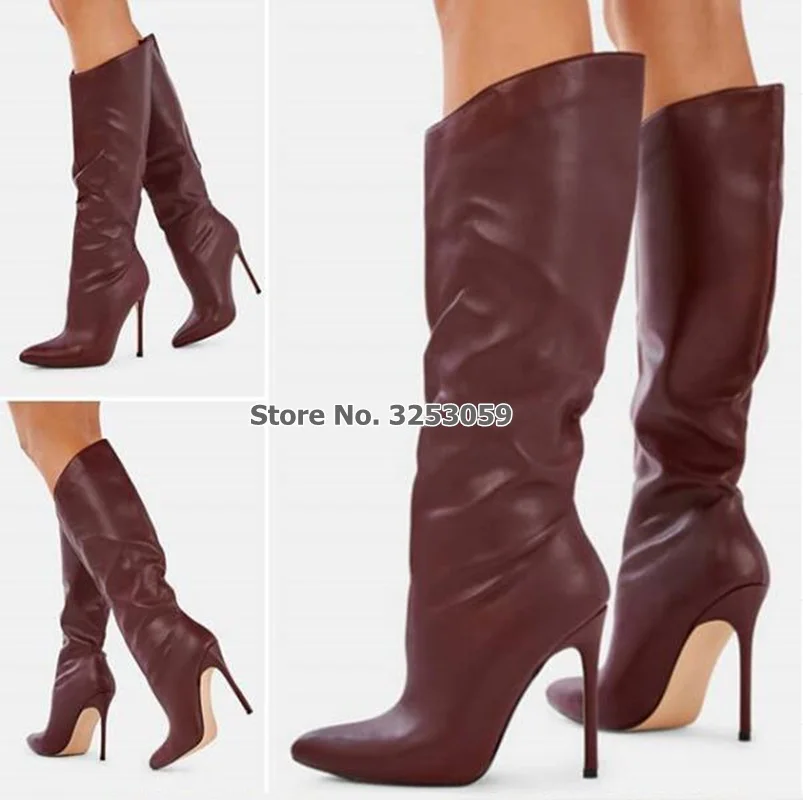 

ALMUDENA Women Wine Red Coffee Matte Knee High Boots Luxurious Stiletto Heels Dress Shoes Long Boots Sexy High Boots Dropship