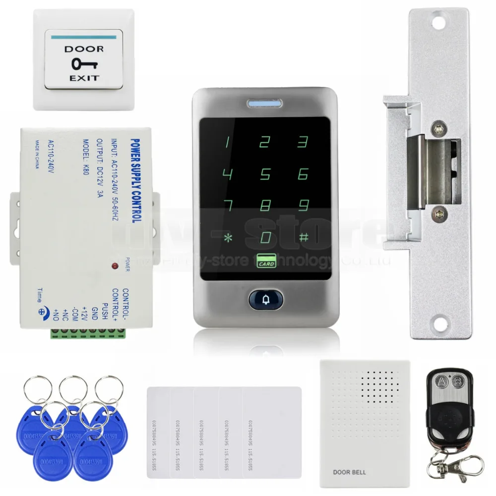 DIYSECUR 125KHz RFID Reader Password Keypad + Strike Lock + Door Bell + Remote Control Door Access Control Security System Kit
DIYSECUR 125KHz RFID Reader Password Keypad + Strike Lock + Door Bell + Remote Control Door Access Control Security System Kit