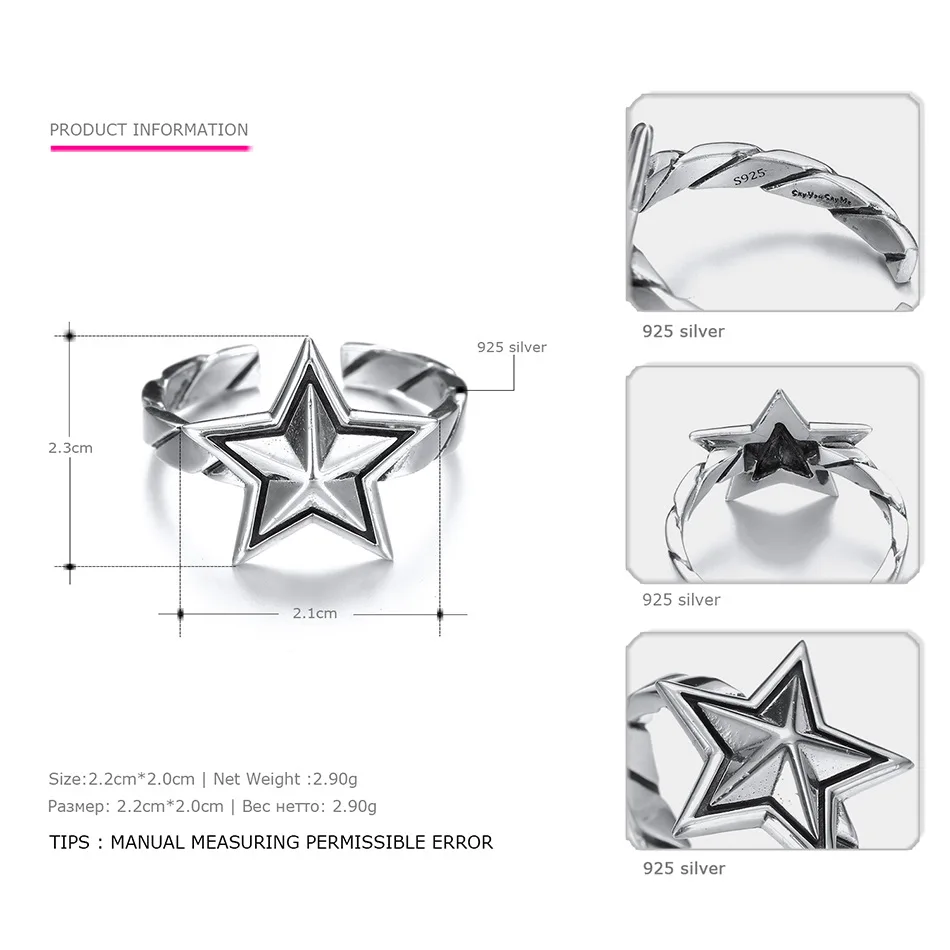 925-Sterling-Silver-Five-pointed-Star-Rings-Wedding-Engagement-Retro-Opening-Ring-Silver-Wholesale-2018-Fashion-T09