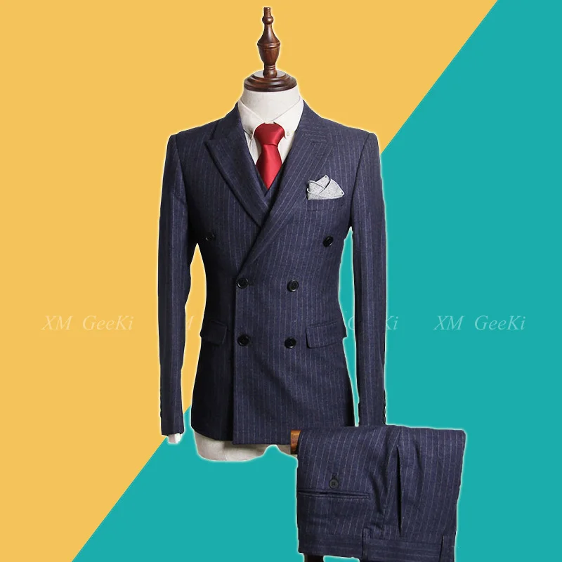 2019 British Style Men Nvay Blue Striped The Double-breasted Suit Mens 3 pieces Casual Blazers Male Wedding Dress Suits Jacket
2019 British Style Men Nvay Blue Striped The Double-breasted Suit Mens 3 pieces Casual Blazers Male Wedding Dress Suits Jacket