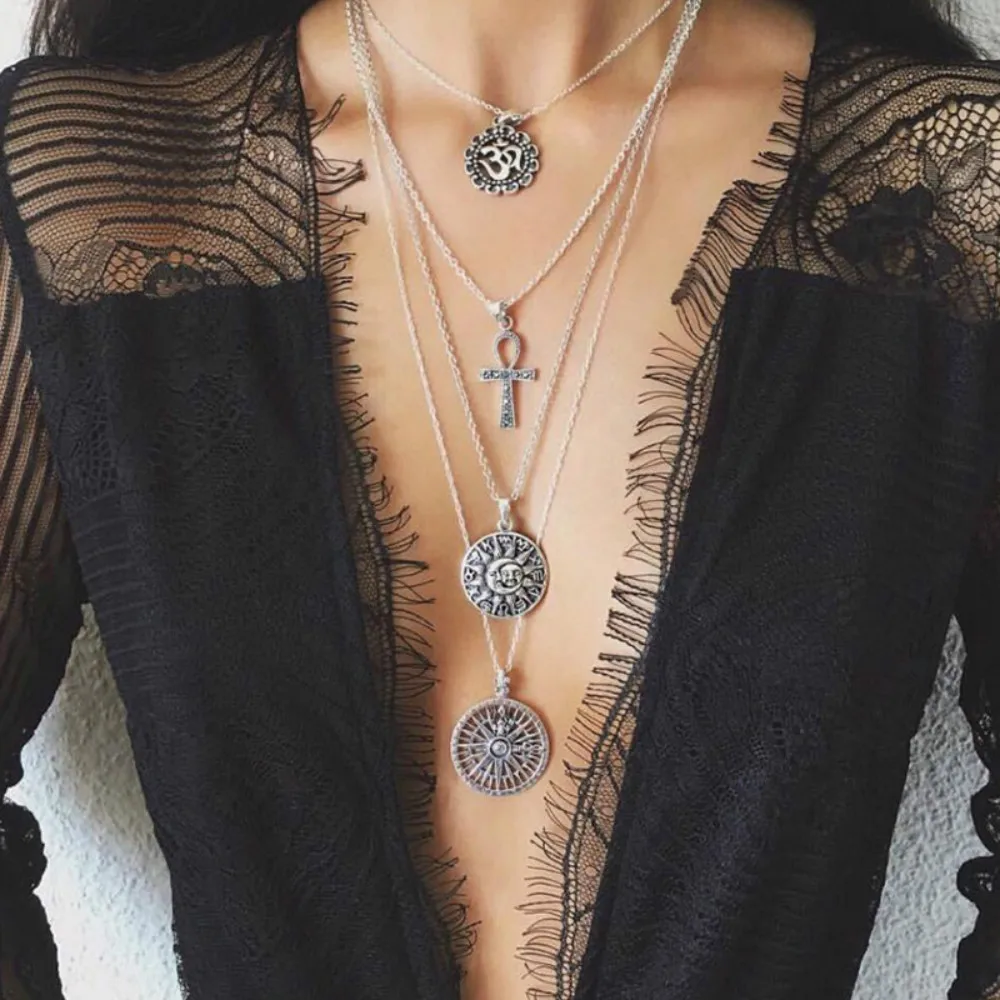 Retro Carving Yoga Om Cross Tarot symbols Compass Chain Pendant Multilayer Silver Necklace Set Women Charm Fashion Jewelry Gift
Retro Carving Yoga Om Cross Tarot symbols Compass Chain Pendant Multilayer Silver Necklace Set Women Charm Fashion Jewelry Gift