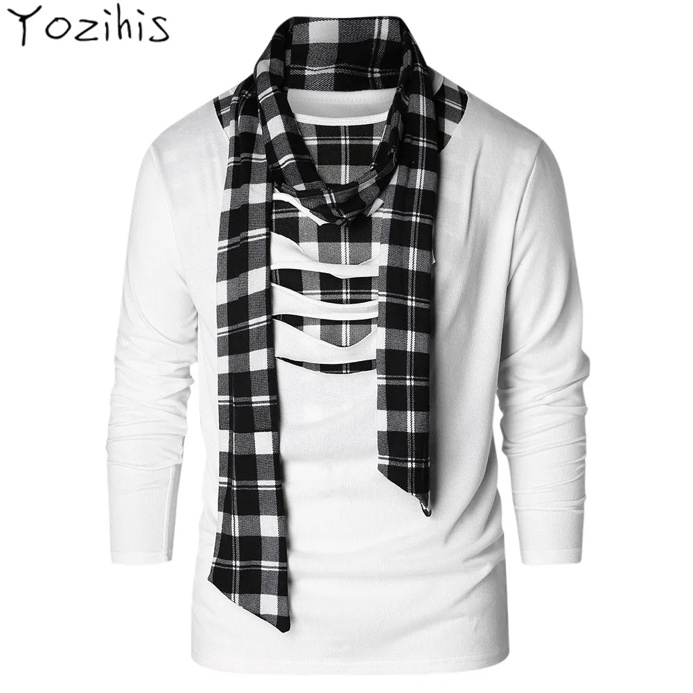 Yozihis Men's Scarf Collar Checked Print Destroyed T-shirt Fashion Slim Fitted Long Sleeves TShirt Spring Autumn Male Tees Tops
Yozihis Men's Scarf Collar Checked Print Destroyed T-shirt Fashion Slim Fitted Long Sleeves TShirt Spring Autumn Male Tees Tops