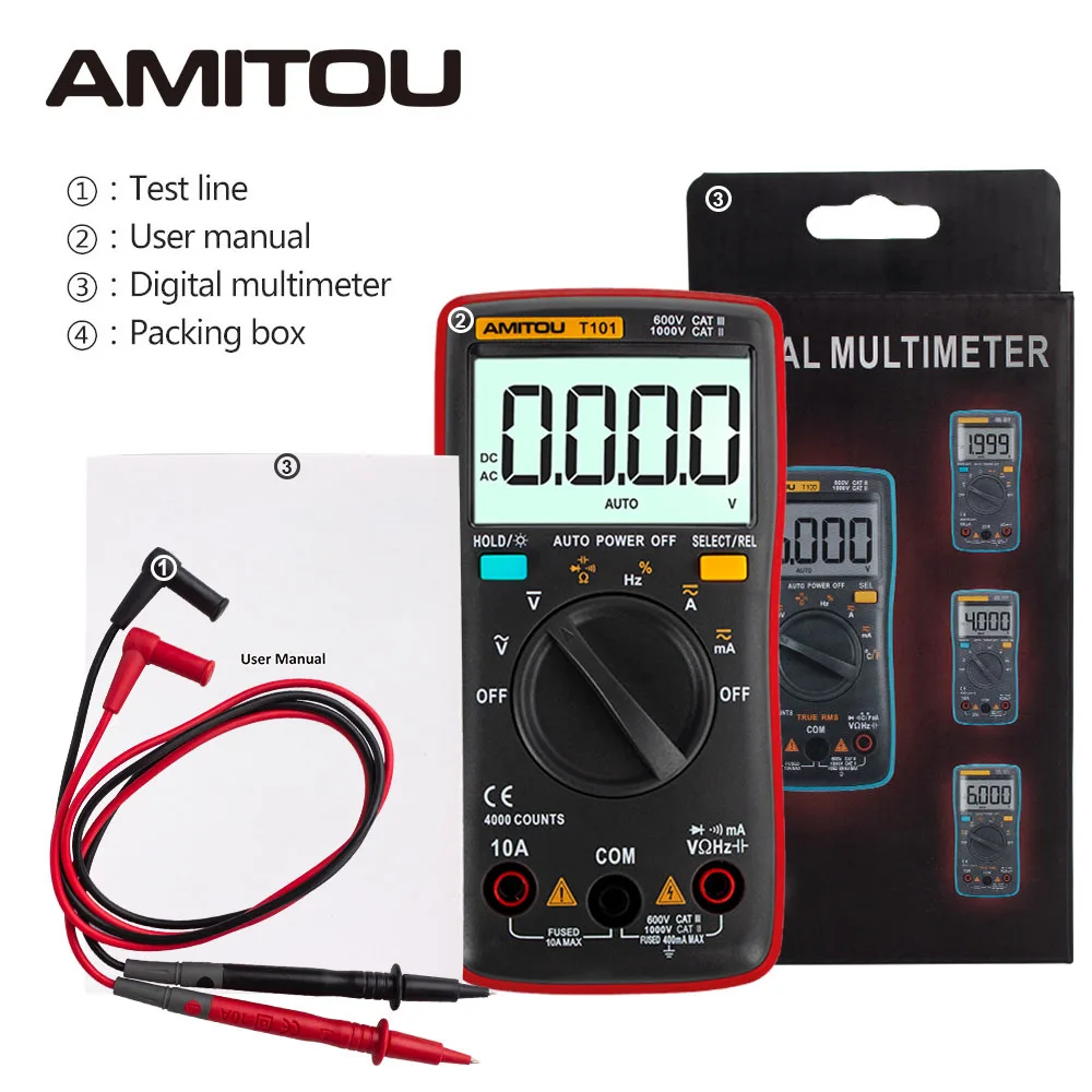 AMITOU T101 Portable Digital Multimeter 4000 Counts LCD Display Auto Range AC/DC Voltage Ammeter Multimeter With Storage Bag
AMITOU T101 Portable Digital Multimeter 4000 Counts LCD Display Auto Range AC/DC Voltage Ammeter Multimeter With Storage Bag