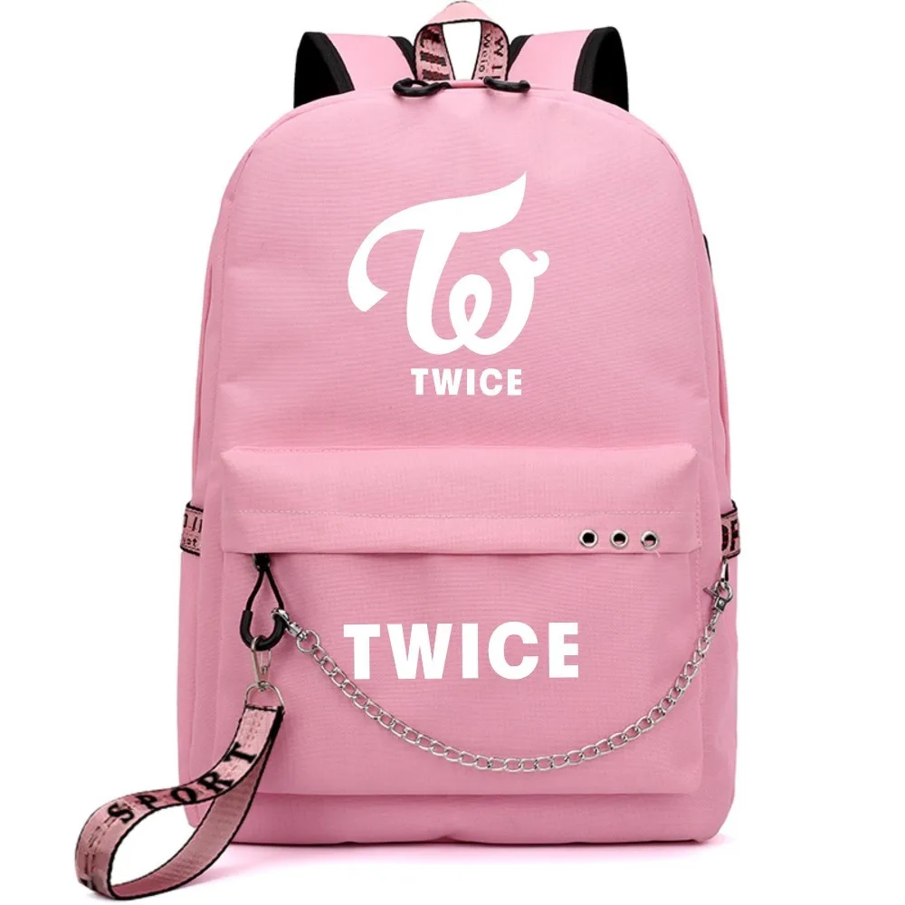 

Twice Korean Star Nayeon Momo Backpack School Bags USB Port Mochila Travel Bags Laptop Chain Backpack Headphone