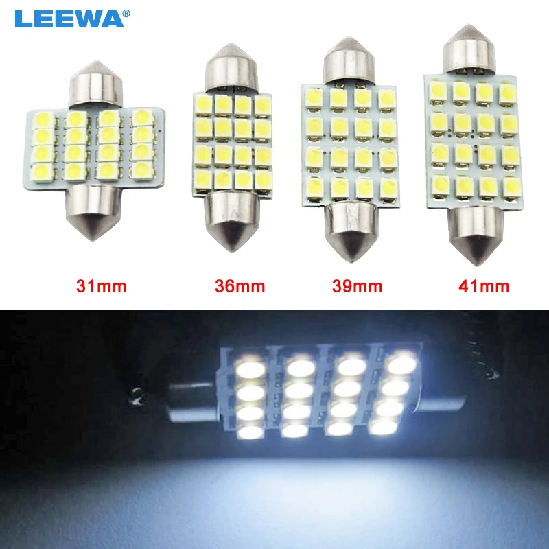 

LEEWA 1pc White Auto LED Bulbs 31mm 36mm 39mm 41mm 16-SMD 1210/3528 Chip Festoon Dome Map Cargo Car LED Light #CA1216