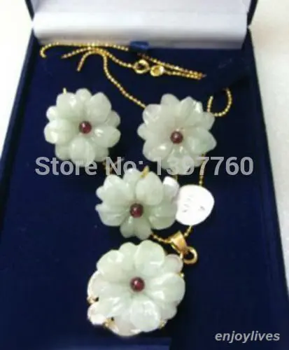 

Hot sale@> Miss charm Jew.164 Natural Light Green Jade Flower Golden Pendant Necklace Earrings Ring Set Natural jewelry
