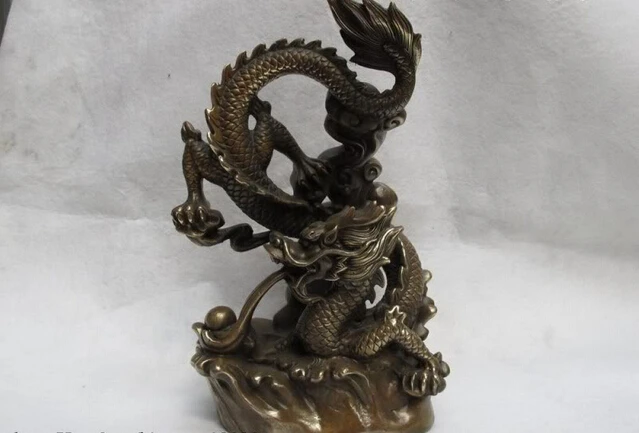USPS to USA S0370 Folk Old Classic Bronze Copper Home Feng Shui Lucky Fly Dragon Play Bead Statue B0401