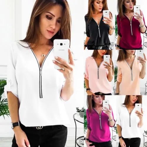 Women Casual Tops New Loose Fashion Blouse Cotton Three Quarter Solid Zipper V-neck Blouse
Women Casual Tops New Loose Fashion Blouse Cotton Three Quarter Solid Zipper V-neck Blouse