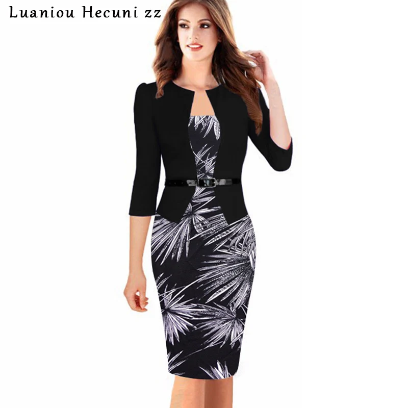 Chu-Ni-Women-Elegant-Faux-Jacket-One-Piece-Belted-Lace-Patchwork-Wear-to-Work-Business-Pencil