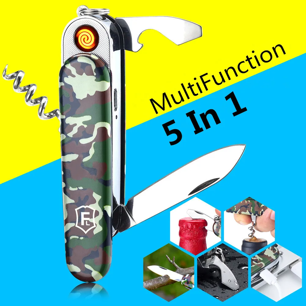 

5 In 1 Multifunction USB Lighter Saber Rechargeable Electronic Turbo Lighter Cigarette Swiss Army Knife Camping Tool Camouflage