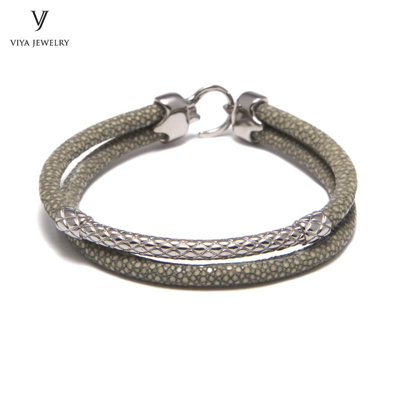 Handcrafted Luxury Custom Stingray Silver Bracelets Two hand-wrapped Stingray leather cords Men Bracelet With Pure Silver Clasp-VSST-03 (7)