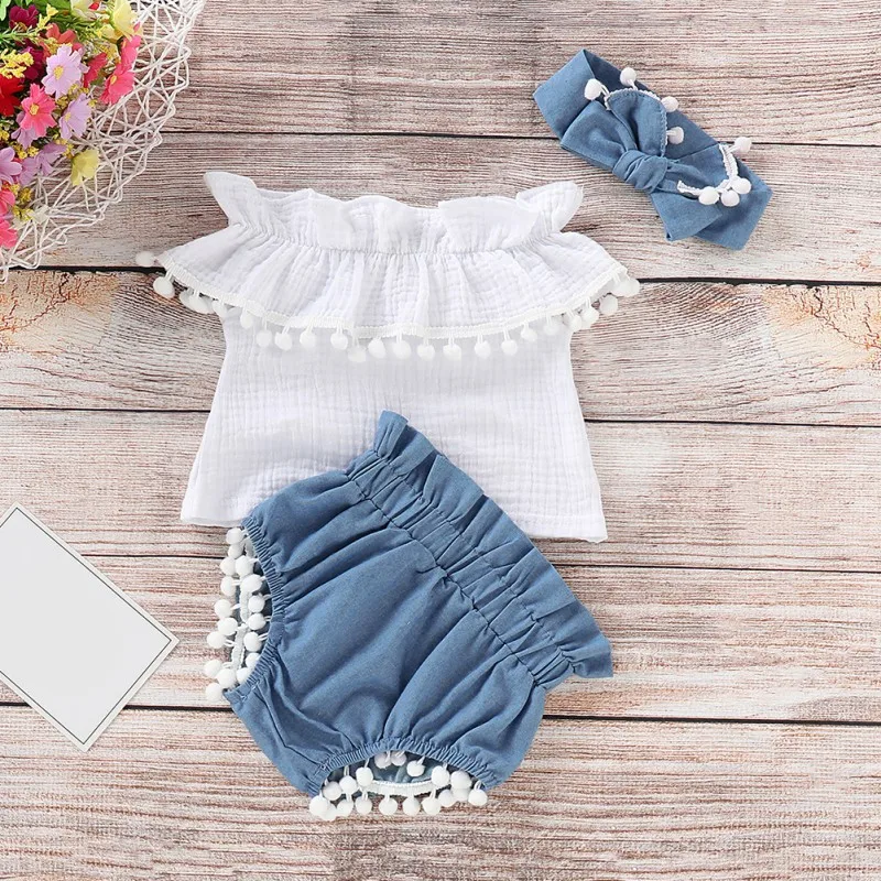 0-24m Summer Baby Girls Off-shoulder T-shirt Tops+Denim Shorts With Bow Headband Casual Outfits Sets
0-24m Summer Baby Girls Off-shoulder T-shirt Tops+Denim Shorts With Bow Headband Casual Outfits Sets