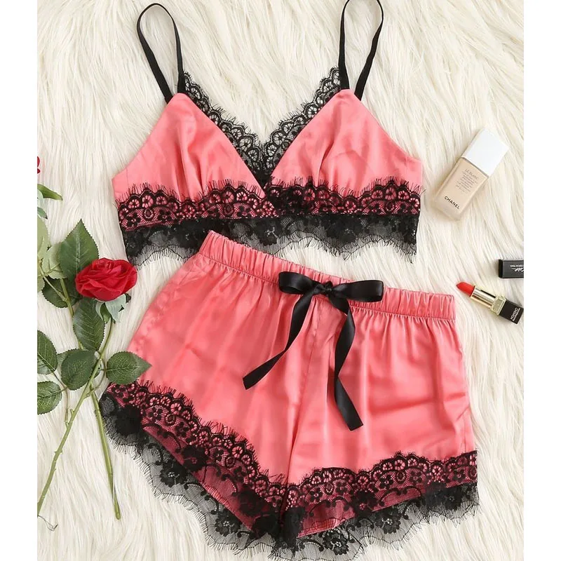 summer sexy satin pyjama women lace sling+bow elastic shorts lace stitching 2 pcs sleepwear home clothing pijama mujer lingerie
summer sexy satin pyjama women lace sling+bow elastic shorts lace stitching 2 pcs sleepwear home clothing pijama mujer lingerie