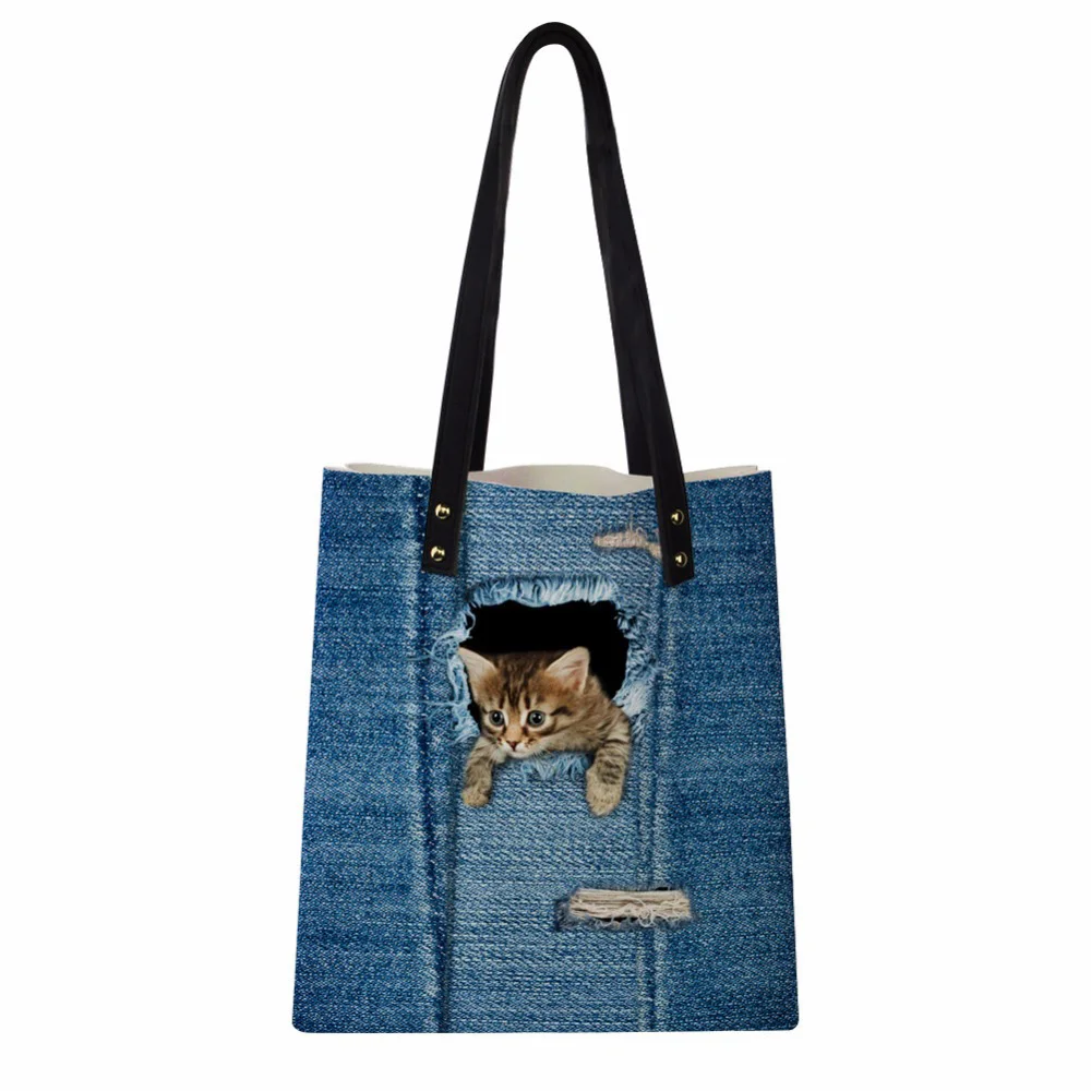 Фото Классическая джинсовая женская сумка с кошкой из искусственной - купить
