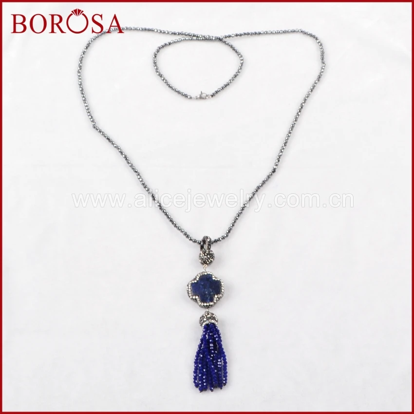 BOROSA 31" Black Chain Lapis Lazuli Stone Cross Shape Necklace Pave Zircon With Blue Tassel Druzy Women Necklace JAB398
BOROSA 31" Black Chain Lapis Lazuli Stone Cross Shape Necklace Pave Zircon With Blue Tassel Druzy Women Necklace JAB398