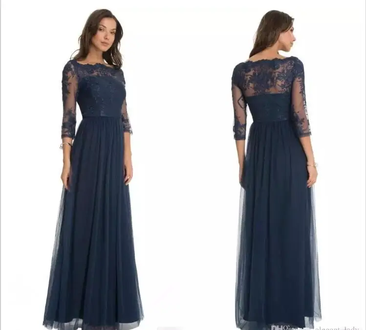 

2018 Robe De Soiree Formal evening gown Lace Scoop Neck Sheer Three Quarter Sleeves Floor Length Mother of the Bride Dresses