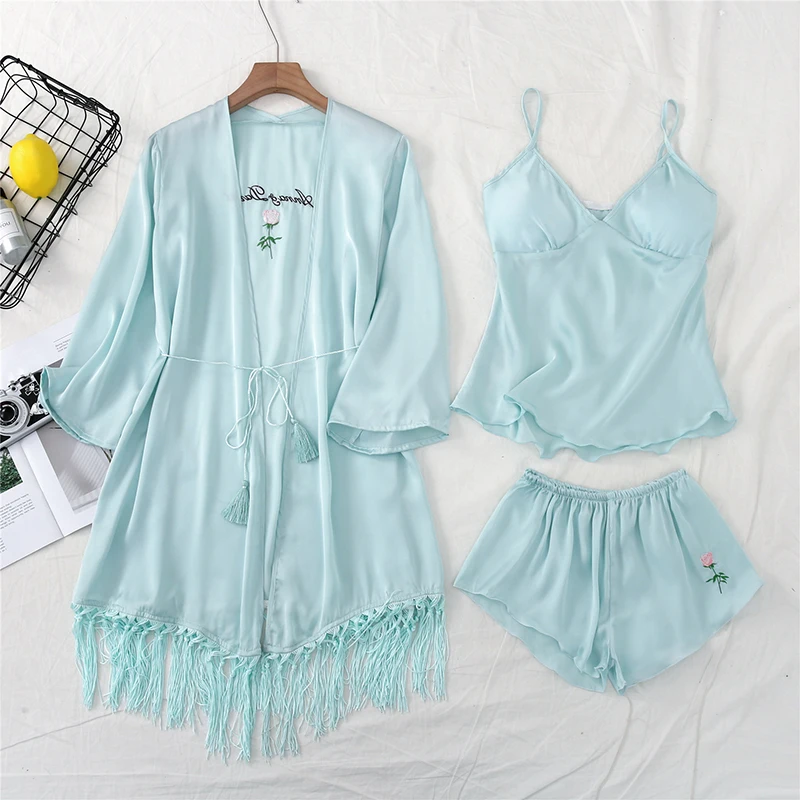 3pcs/lot Pajamas Set Ice Silk Robe Embroidery Nightwear Women Sleepwear Nightgown Sling Shorts Set Spring Summer Homewear #F
3pcs/lot Pajamas Set Ice Silk Robe Embroidery Nightwear Women Sleepwear Nightgown Sling Shorts Set Spring Summer Homewear #F