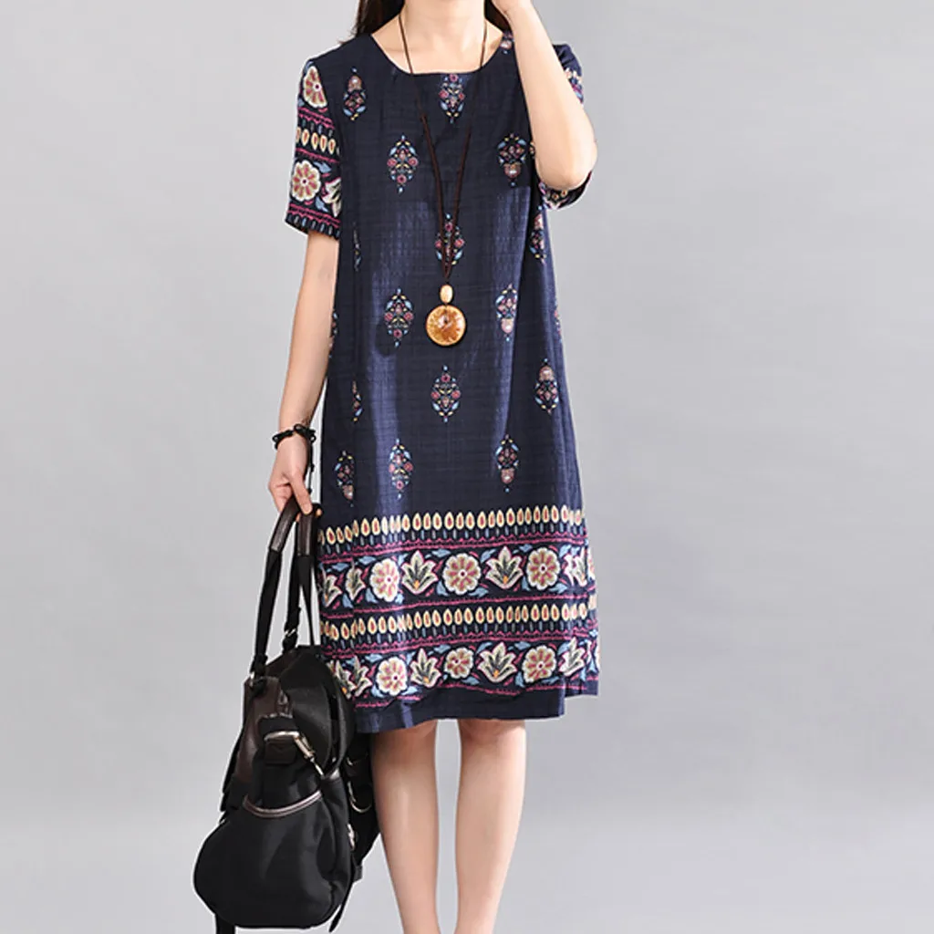 Women Dress Large Size Boho Print Cotton Linen Dress Flax O-neck Short Sleeve Casual Loose Summer Dress Sundress vestidos verano
Women Dress Large Size Boho Print Cotton Linen Dress Flax O-neck Short Sleeve Casual Loose Summer Dress Sundress vestidos verano